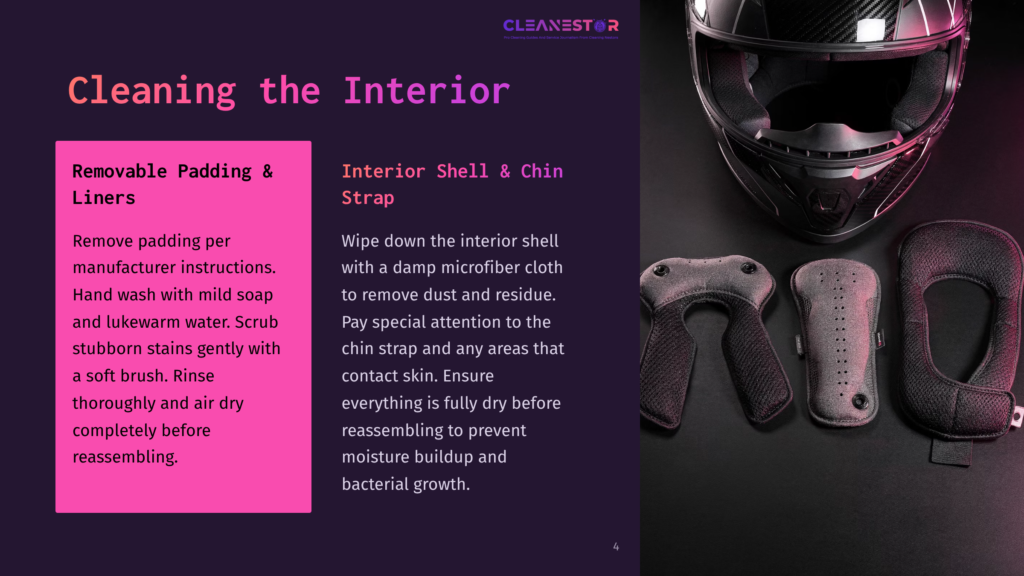 An Image Showcasing A Motorcycle Helmet And Its Removable Interior Shell And Chin Strap On A Dark Background. A Text Box Provides Instructions For Cleaning The Interior Shell And Chin Strap, Emphasizing The Use Of A Damp Microfiber Cloth And A Soft Brush To Remove Dust And Stains.