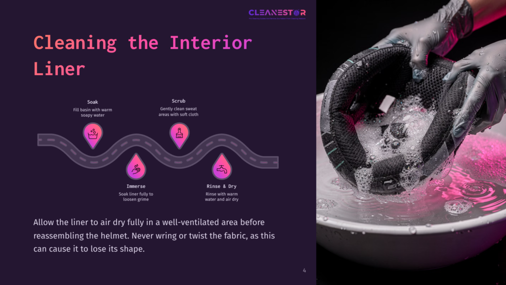 Diagram Showing How To Clean A Helmet Liner: Soak, Scrub, Immerse, Rinse &Amp; Dry. Text Reads &Quot;Cleaning The Interior Liner.