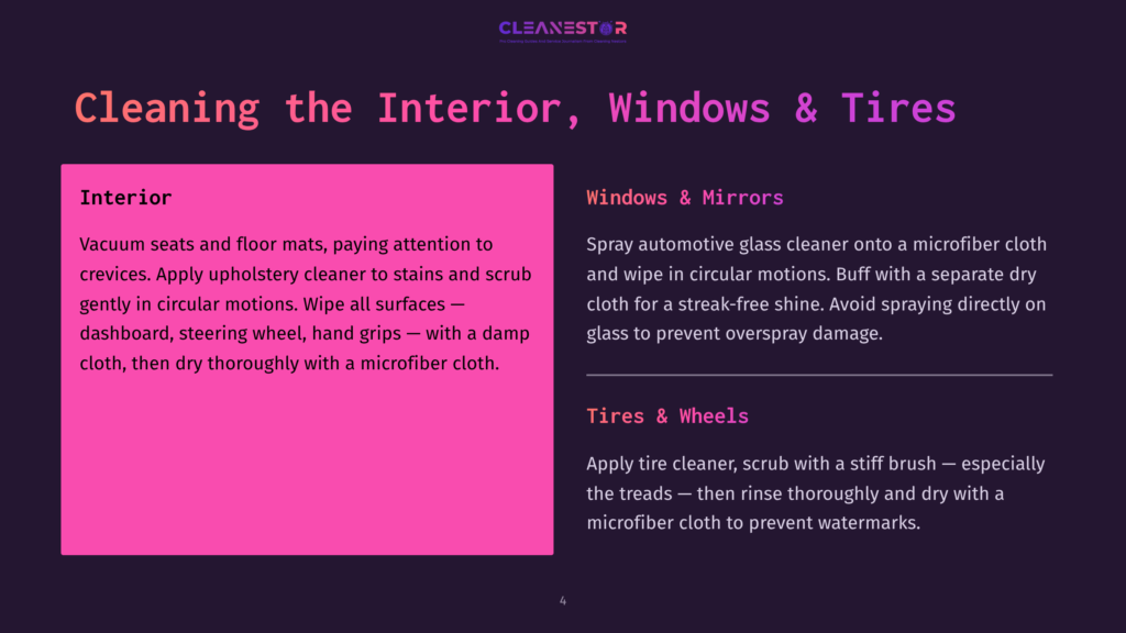 A Slide From Cleanestor Detailing Car Interior, Windows, And Tires Cleaning Services, With Instructions For Vacuuming Mats, Cleaning Surfaces, And Polishing Wheels.