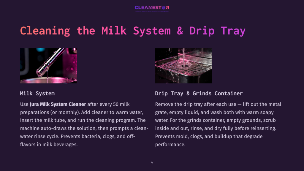 4 Cleaning The Milk System And Drip Tray Close-Up Of A Milk System On An Espresso Machine, With A Stream Of Milk Being Dispensed Into A Container, Next To A Cleaning Tray With Water.