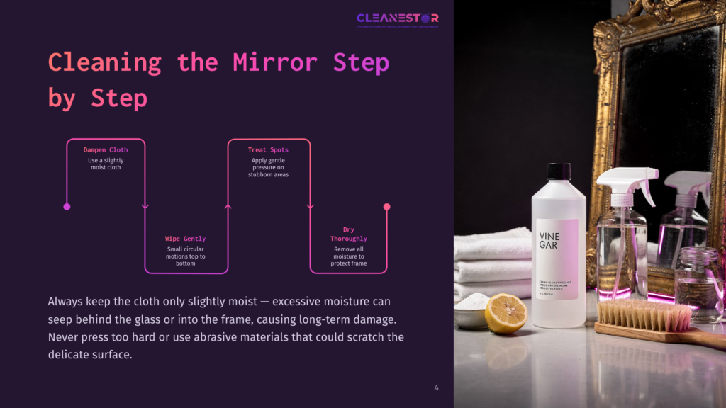 Infographic Detailing How To Clean Mirrors, Showing Steps Like Dampening A Cloth, Wiping Gently, And Drying. A Bottle Of &Quot;Vinegar Gar&Quot; Cleaner And Cleaning Brushes Are Visible In The Background.