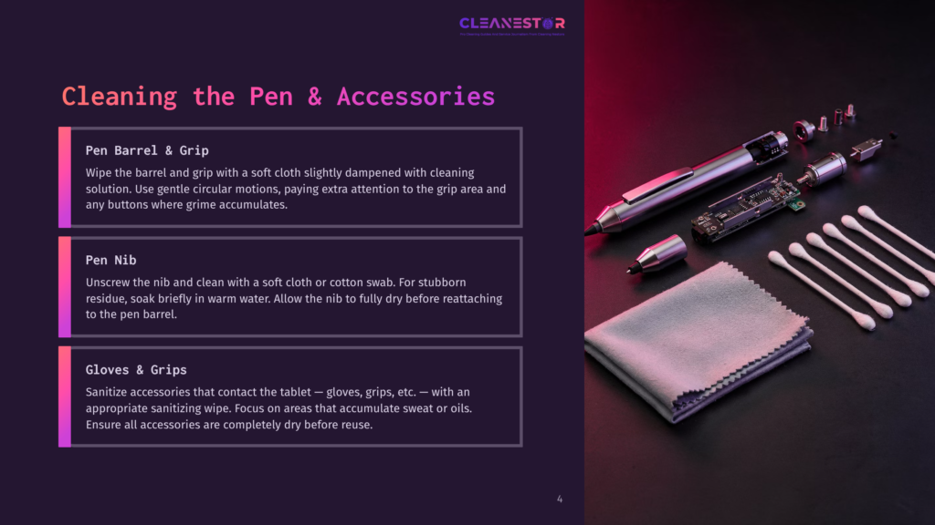 A Disassembled Stylus Pen And Cleaning Accessories, Including Cotton Swabs And A Microfiber Cloth, Are Laid Out On A Dark Surface With Purple Lighting. Text On The Left Details Cleaning Instructions For The Pen Barrel, Nib, And Gloves.