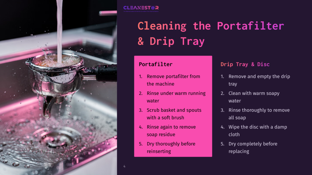 4 Cleaning The Portafilter And Drip Tray Close-Up Of A Portafilter Being Cleaned Under A Stream Of Warm Water, With Text Overlay Detailing Cleaning Steps For Portafilters And Drip Trays.