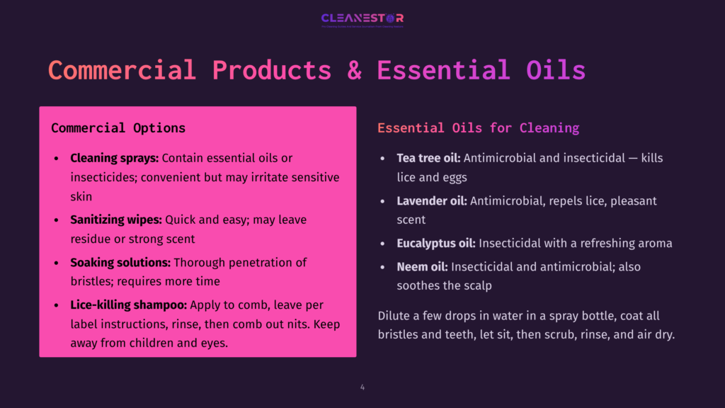 A Slide Titled &Quot;Commercial Products &Amp; Essential Oils&Quot; With Two Columns: &Quot;Commercial Options&Quot; Listing Cleaning Sprays, Sanitizing Wipes, Soaking Solutions, And Lice-Killing Shampoo, And &Quot;Essential Oils For Cleaning&Quot; Detailing Tea Tree Oil, Lavender Oil, Eucalyptus Oil, And Neem Oil, With A Description Of How To Use Essential Oils For Cleaning.