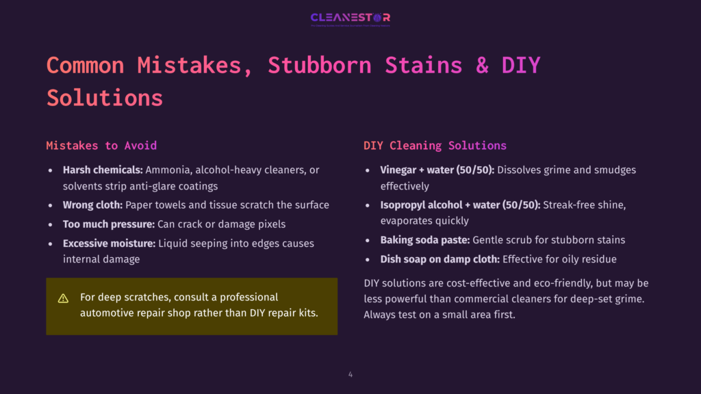 A Slide Titled &Quot;Common Mistakes, Stubborn Stains &Amp; Diy Cleaning Solutions&Quot; Lists Common Mistakes Like Using Harsh Chemicals Or Too Much Pressure, And Diy Solutions Like Vinegar And Water.