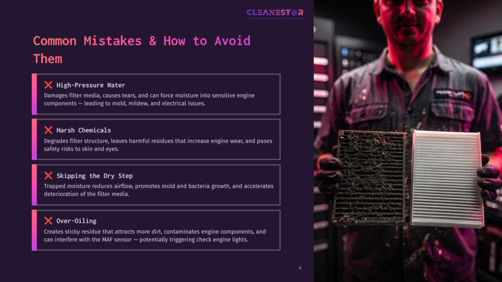 A Man In A Mechanic'S Uniform Holds Up Two Dirty Cabin Air Filters, One Heavily Soiled With Debris And The Other With A Lighter Layer Of Dirt. Text Overlays List Common Mistakes And How To Avoid Them.