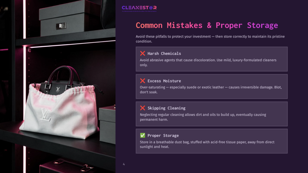 4 Common Mistakes And Proper Storage Cleanestor Graphic: Common Mistakes &Amp; Proper Storage Tips For Luxury Bags, Including Avoiding Harsh Chemicals, Excess Moisture, And Skipping Cleaning, While Recommending Proper Storage In A Breathable Dust Bag.