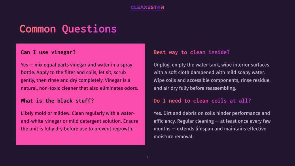 4 Common Questions A Webpage With A Dark Background Displays A Set Of Questions And Answers About Cleaning, With Sections For Using Vinegar, Cleaning The Inside, Identifying Black Stuff, And The Necessity Of Cleaning Coils, All In A Clean, Readable Font.