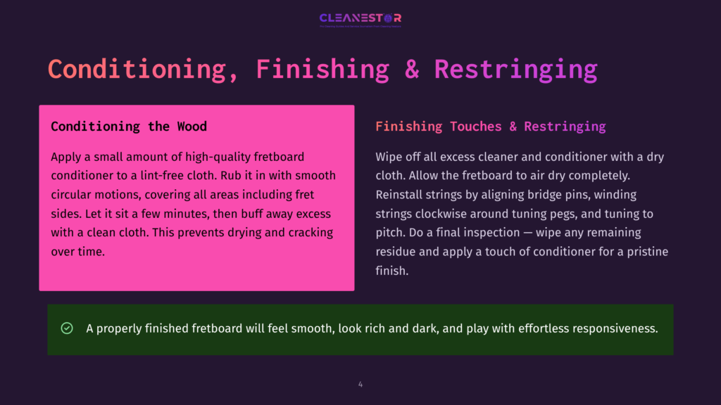 4 Conditioning Finishing And Restringing Cleanestor Logo With Text &Quot;Conditioning, Finishing &Amp; Restringing&Quot; And Detailed Instructions For Conditioning Guitar Fretboards And Finishing Touches.