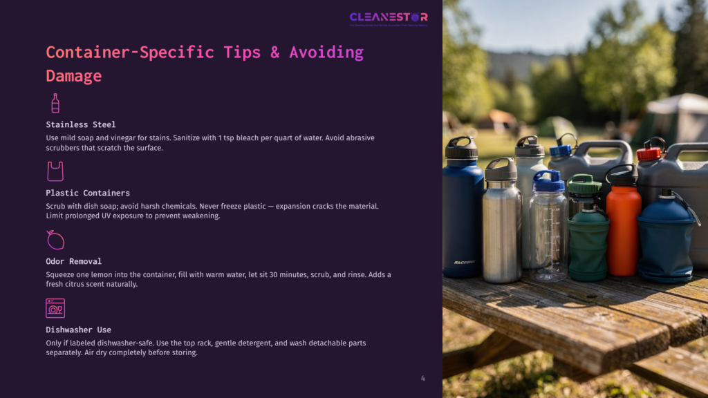 4 Container Specific Tips And Avoiding Damage A Collection Of Large, Colorful Water Jugs And Bottles Are Arranged On A Wooden Picnic Table Outdoors, With Tents And Trees In The Background.