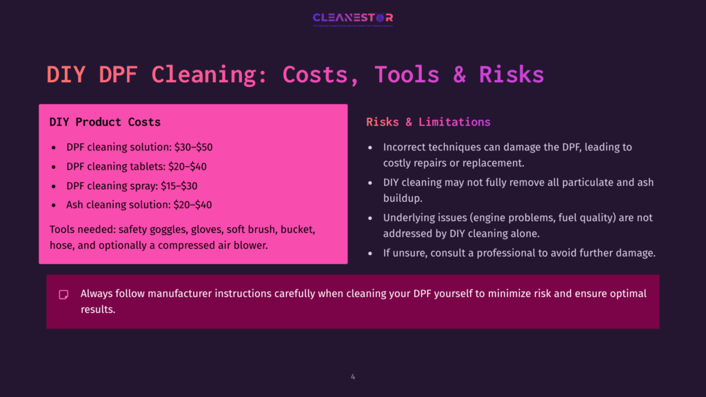 Diy Dpf Cleaning: Costs, Tools &Amp; Risks. Image Lists Dpf Cleaning Solution, Tablets, And Spray Costs, Plus Safety Tools And Cleaning Solutions. Risks Include Damage And Costly Repairs.