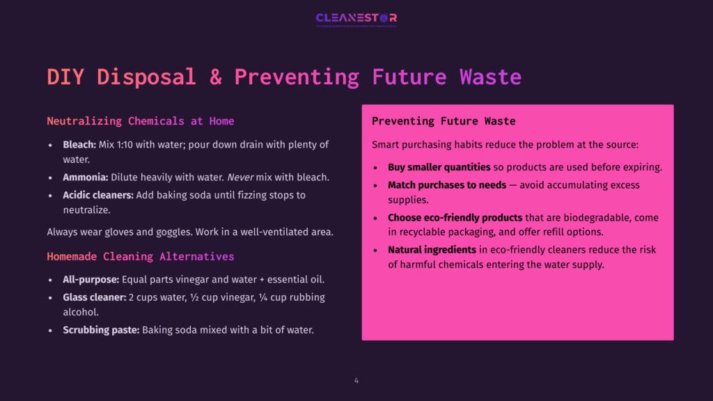 Diy Disposal &Amp; Preventing Future Waste: Neutralizing Chemicals And Homemade Cleaning Alternatives. Includes Tips On Bleach, Ammonia, And Acidic Cleaners, Plus Eco-Friendly Products, Natural Ingredients, And Smart Purchasing Habits.