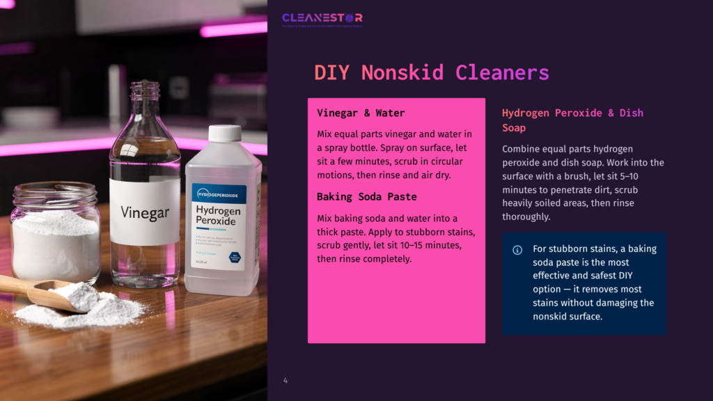 4 Diy Nonskid Cleaners A Bottle Of Vinegar And A Bottle Of Hydrogen Peroxide Sit Next To A Jar Of Baking Soda, With A Wooden Scoop In The Jar. Diy Non-Skid Cleaner Recipes Are Listed On The Right.