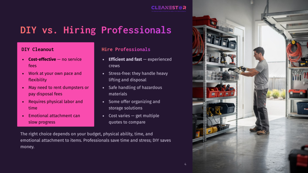 Diy Vs. Hiring Professionals Comparison Slide: Diy Cleanup Requires Cost-Effective, Own Pace, And Physical Labor, While Professionals Offer Efficiency, Stress-Free, And Safe Handling.