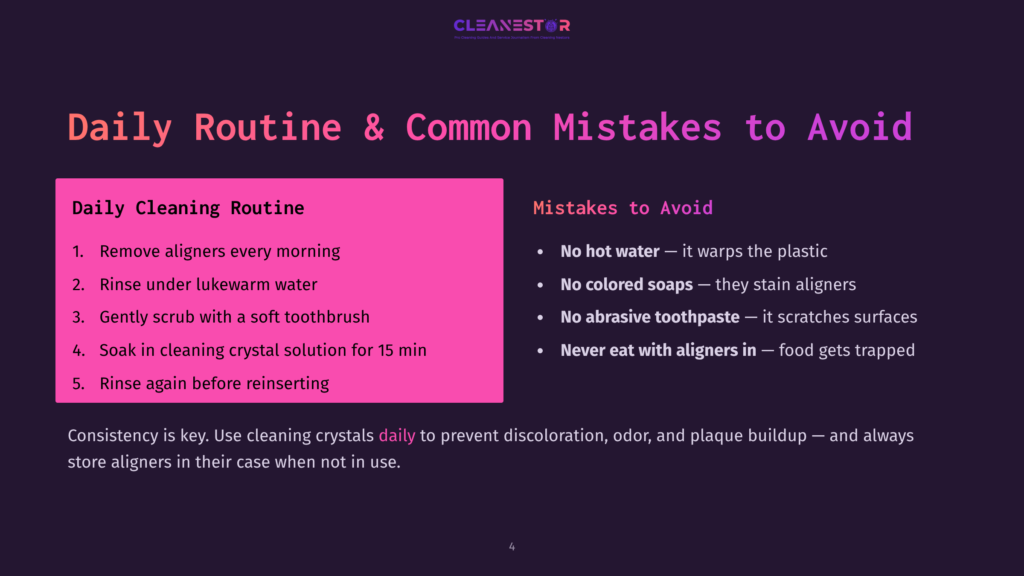 Infographic Titled &Quot;Daily Routine &Amp; Common Mistakes To Avoid&Quot; For Aligner Care. Lists Daily Cleaning Steps And Common Mistakes Like Using Hot Water Or Colored Soaps.
