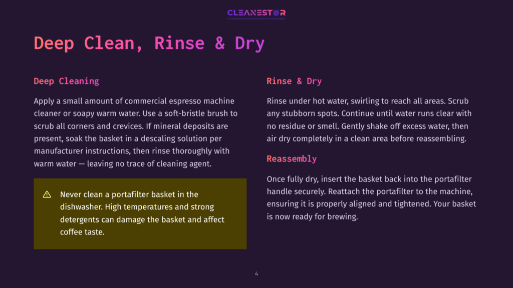 Instructions For Deep Cleaning, Rinsing, And Drying An Espresso Portafilter Basket. Includes A Warning About Using Harsh Detergents.