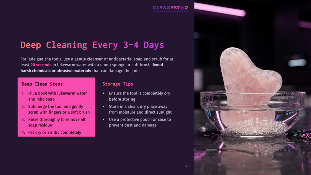 4 Deep Cleaning Every 3 4 Days A Clear Glass Bowl Filled With Water And A Large Pink Quartz Crystal Sitting In It, With Text Overlays Providing Instructions For Deep Cleaning Jade Sha Tools.