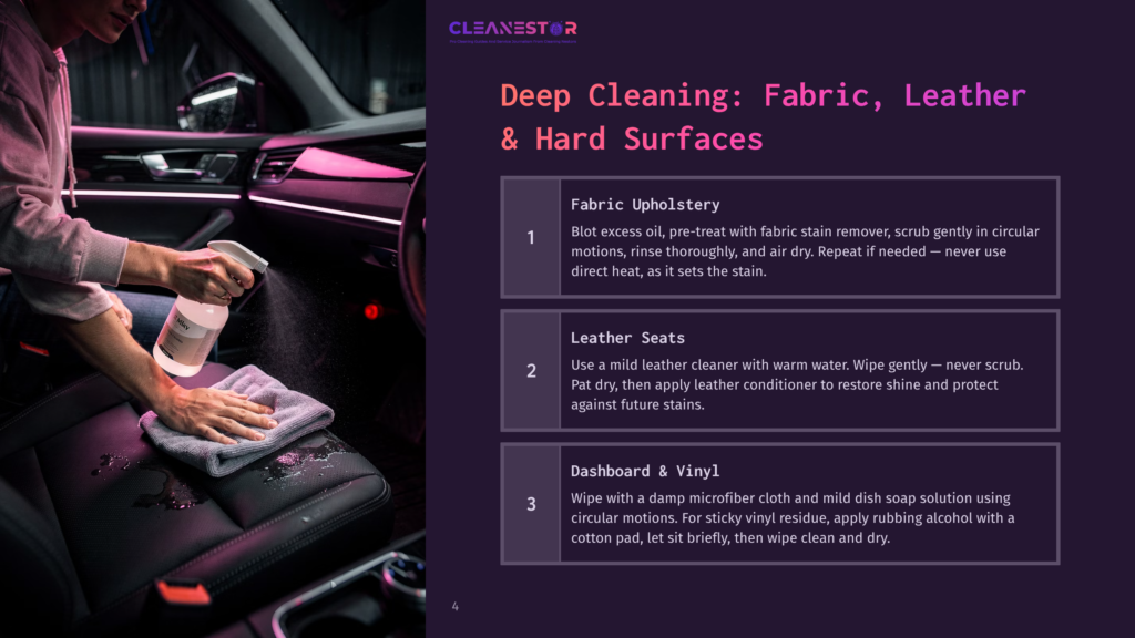 A Person In A Pink Shirt Cleaning Fabric Car Seats With A Spray Bottle, A Gray Towel, And A Cloth On A Car Dashboard. The Background Features Text About Deep Cleaning Fabric, Leather, And Hard Surfaces.