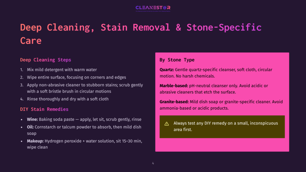 Deep Cleaning, Stain Removal &Amp; Stone-Specific Care: A Purple Slide With Text Detailing Cleaning Steps For Different Stone Surfaces, Including Quartz And Marble, With Tips For Oil And Makeup Stains.