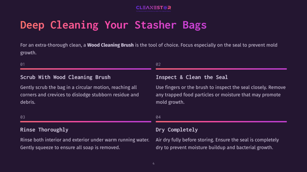 A Step-By-Step Guide With A Wood Cleaning Brush For Deep Cleaning Stasher Bags, Highlighting The Process Of Scrubbing, Inspecting The Seal, Rinsing Thoroughly, And Drying Completely.