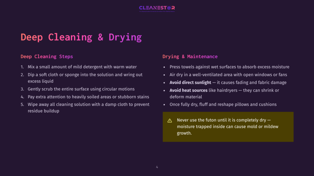 4 Deep Cleaning And Drying Deep Cleaning &Amp; Drying Steps For Upholstery: Mix Mild Detergent, Scrub Gently, Wipe Clean. Air Dry In A Well-Ventilated Area, Avoid Direct Sunlight And Heat Sources. Never Let Moisture Get Trapped.