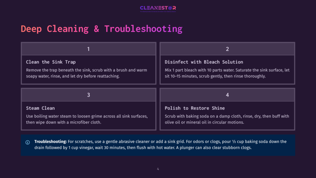 An Infographic With A Deep Cleaning And Troubleshooting Guide For Sinks, Detailing Steps For Cleaning And Troubleshooting Issues Such As Grime, Odors, And Clogs. It Includes Using Boiling Water Steam To Loosen Grime, Applying Baking Soda For Odors, And A Plunger For Stubborn Clogs.