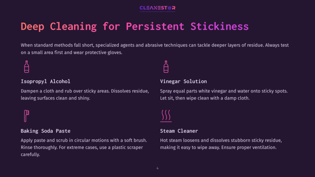 4 Deep Cleaning For Persistent Stickiness Infographic Detailing Deep Cleaning Methods For Persistent Stickiness: Isopropyl Alcohol, Vinegar Solution, Baking Soda Paste, And Steam Cleaner.