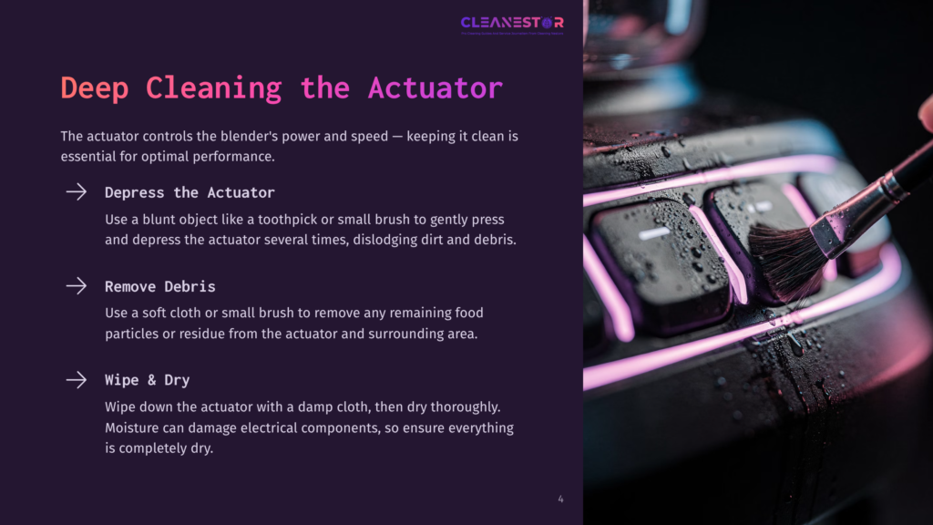 4 Deep Cleaning The Actuator Close-Up Of A Black Blender Actuator With Pink Led Lighting, Being Cleaned With A Small Brush. Water Droplets Are Visible On The Buttons, Highlighting The Deep Cleaning Process.