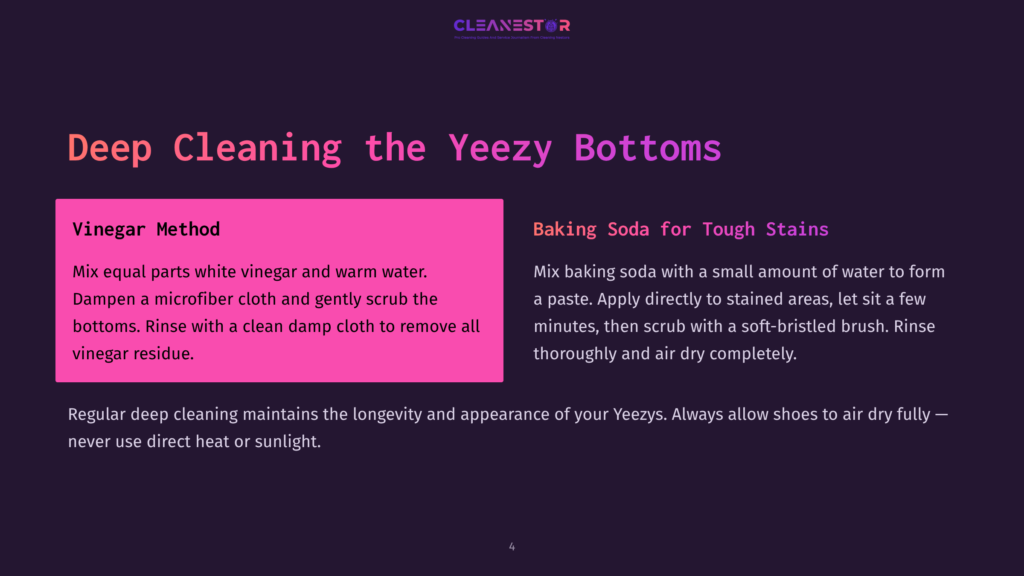 Infographic Detailing How To Deep Clean Yeezy Bottoms Using Two Methods: Vinegar Method With Equal Parts White Vinegar And Warm Water, And Baking Soda For Tough Stains With A Paste Of Baking Soda And Water. Instructions Emphasize Using A Microfiber Cloth And Soft-Bristled Brush, Followed By Air Drying.