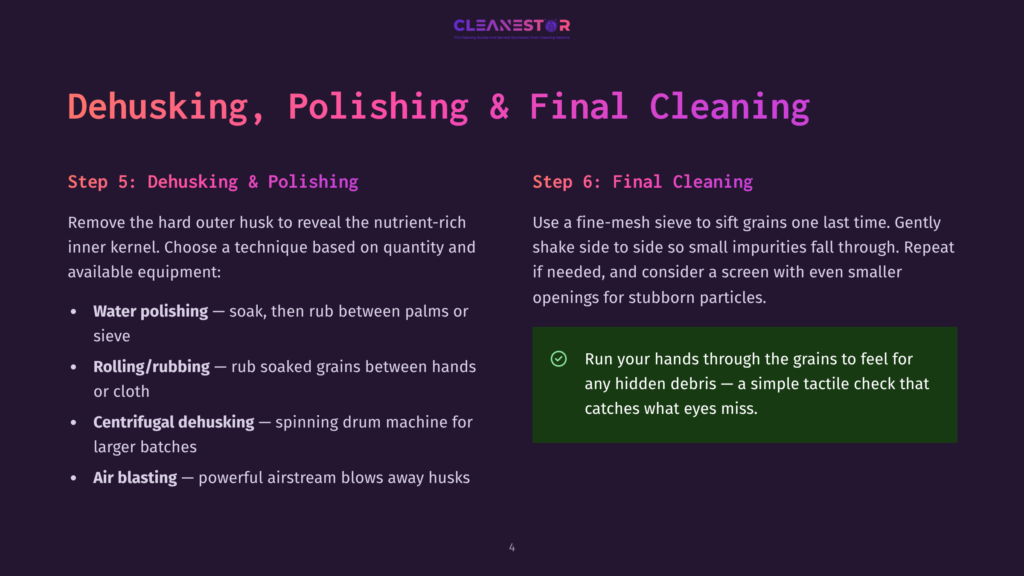 4 Dehusking Polishing And Final Cleaning A Webpage Header With A Bold Title &Quot;Dehusking, Polishing &Amp; Final Cleaning&Quot; And Two Steps Outlined. Step 5 Reads &Quot;Dehusking &Amp; Polishing,&Quot; With A Green Checkmark Beside It. Step 6 Reads &Quot;Final Cleaning&Quot; And Has A Green Checkmark Next To It.