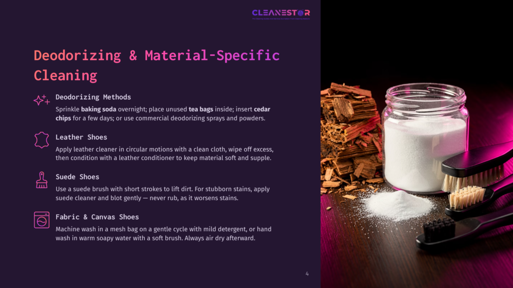 A Close-Up Of A Glass Jar Filled With White Powder, Likely Baking Soda, Next To Cleaning Brushes And Wood Pieces. Text Overlay Reads &Quot;Cleanestor Deodorizing &Amp; Material-Specific Cleaning.