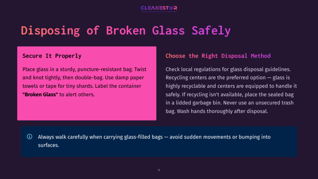 An Infographic On Safely Disposing Of Broken Glass, With Instructions To Place It In A Sturdy, Puncture-Resistant Bag, Knot Tightly, And Label It As &Quot;Broken Glass&Quot; To Avoid Injury. It Also Advises Checking Local Regulations For Glass Disposal Guidelines And To Always Walk Carefully When Carrying Glass-Filled Bags.