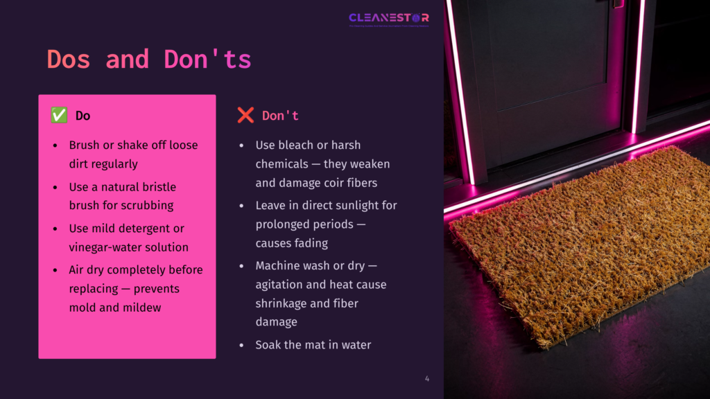 A Doormat With &Quot;Dos And Don'Ts&Quot; Text Lists Cleaning Instructions, With A Pink Background. The Doormat Is Made Of Natural Coir Fibers, Suitable For Cleaning Entrances.