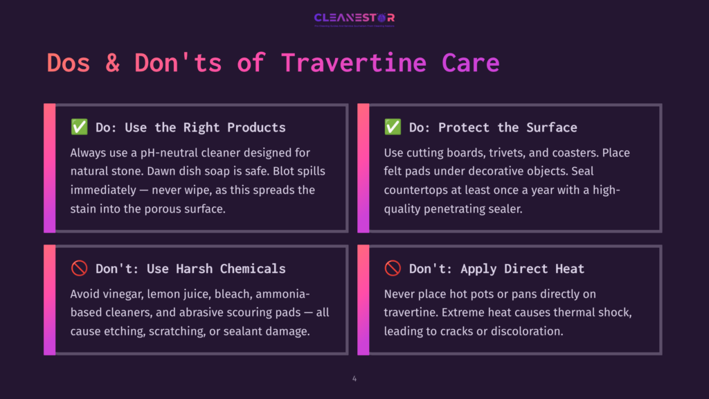 4 Dos And Donts Of Travertine Care Infographic Titled &Quot;Dos &Amp; Don'Ts Of Travertine Care&Quot; With Four Quadrants Detailing Cleaning And Protection Advice For Travertine Surfaces, Including Using Ph-Neutral Cleaners And Protecting The Surface From Heat.