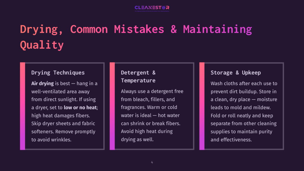Three Vertical Panels With Text About Drying, Detergent, And Storage Tips For Laundry. The Left Panel Is Pink And Discusses Air Drying. The Middle Panel Is Purple And Discusses Detergent And Temperature. The Right Panel Is Pink And Discusses Storage And Upkeep.