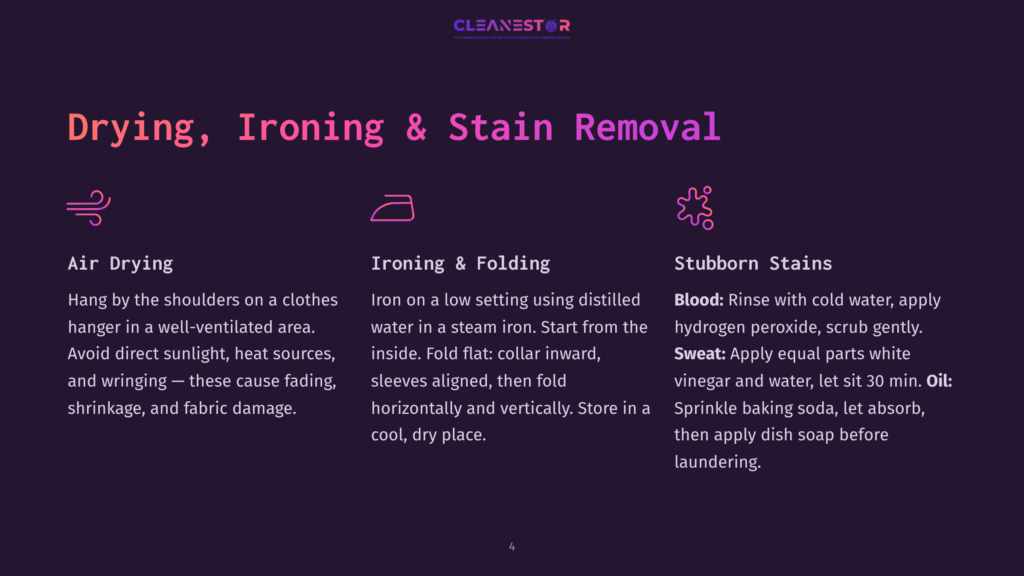 A Purple Background Displays A Graphic With Three Icons And Text Instructions On Drying, Ironing, And Stain Removal. The Icons Include A Clothes Hanger For Air Drying, An Iron For Ironing, And A Stain With A Cross Mark For Stain Removal. Below Each Icon Is A Brief Instruction On The Process.