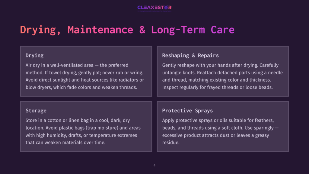 A Dark Purple Slide With A White And Blue Logo At The Top, Titled &Quot;Drying, Maintenance &Amp; Long-Term Care.&Quot; The Slide Is Divided Into Four Sections: Drying, Reshaping &Amp; Repairs, Storage, And Protective Sprays, Each With Bulleted Advice.