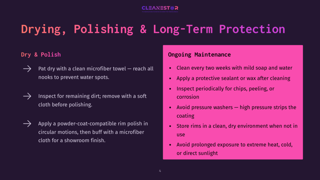 Cleanestor Logo With Text &Quot;Drying, Polishing &Amp; Long-Term Protection&Quot; And Two Columns Of Text Detailing Car Drying, Polishing, And Ongoing Maintenance Tips.
