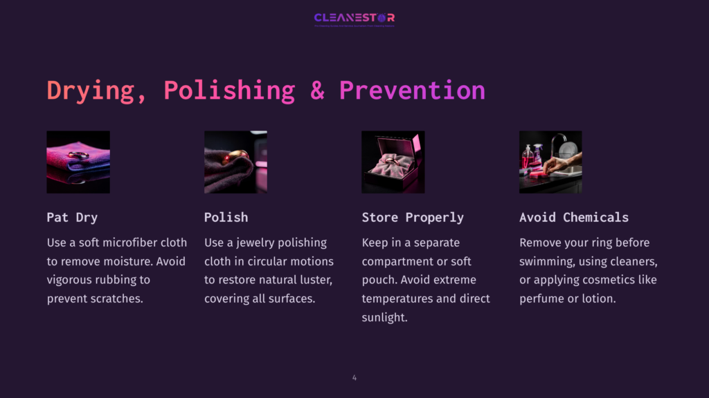Four Panels Demonstrate How To Dry, Polish, Store, And Avoid Chemicals For Jewelry, With Text Overlays &Quot;Pat Dry&Quot;, &Quot;Polish&Quot;, &Quot;Store Properly&Quot;, And &Quot;Avoid Chemicals&Quot;.