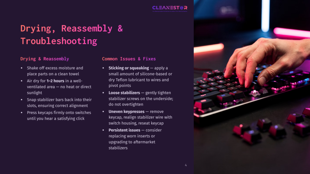 Close-Up Of A Person'S Hands Carefully Installing A Mechanical Keyboard Switch, With The Text &Quot;Cleanestor&Quot; Visible At The Top.