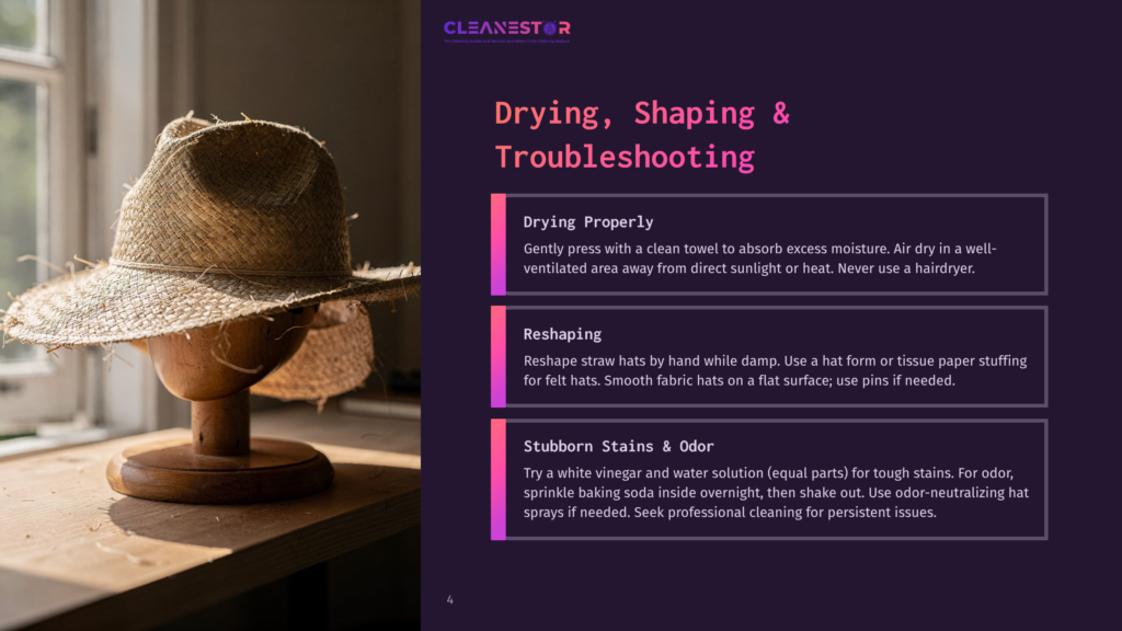 Straw Hat Drying On A Wooden Stand Near A Window, With Text Overlay Providing Hat Care Tips: Drying, Reshaping, And Stain Removal Advice.