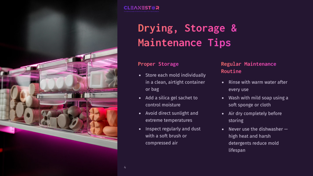 Clear Plastic Containers Filled With Various Mold Shapes And Sizes Are Neatly Stacked On A Shelf With Purple Led Lighting, Showcasing Proper Storage For Cleaning Molds.