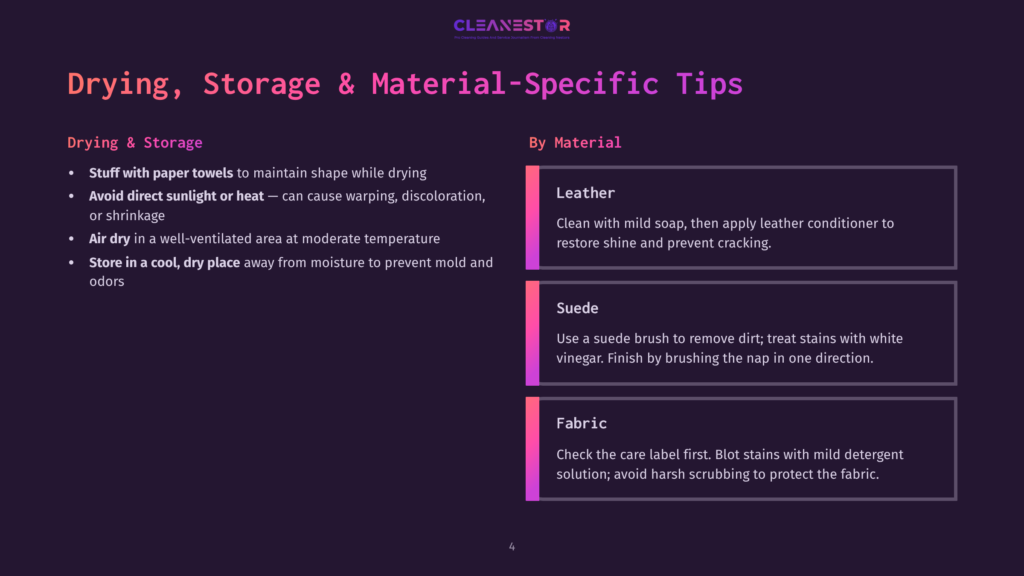 A Web Page With A Dark Purple Background Displays Drying, Storage, And Material-Specific Tips For Various Items, Including Leather, Suede, And Fabric. Key Points Include Using Paper Towels To Maintain Shape While Drying, Avoiding Direct Sunlight Or Heat, And Storing Items In A Cool, Dry Place To Prevent Mold And Odors.