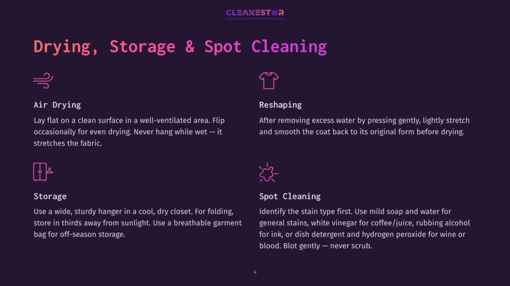 4 Drying Storage And Spot Cleaning Cleanestor Infographic Detailing How To Dry, Store, And Spot Clean Clothing. Features Icons For Air Drying, Reshaping, Storage, And Spot Cleaning.