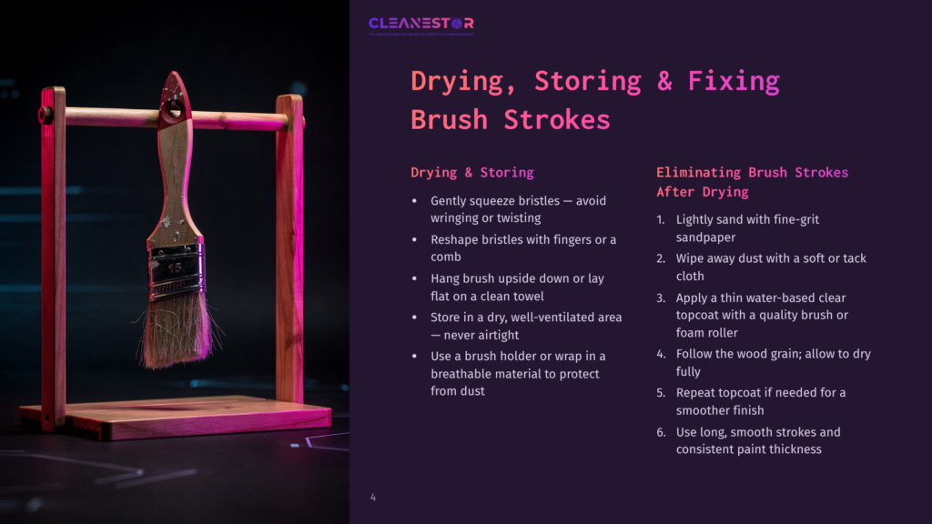 4 Drying Storing And Fixing Brush Strokes A Paintbrush Rests Upright In A Wooden Stand, Its Bristles Clean And Dry, With Text Overlay Detailing How To Dry, Store, And Fix Brush Strokes.