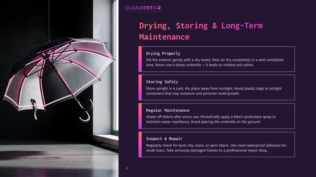 A Partially Open Black And Clear Umbrella With Neon Pink Accents Is Shown In A Dimly Lit Room, With Water Droplets On Its Surface. The Text &Quot;Cleanestor Drying, Storing &Amp; Long-Term Maintenance&Quot; Is Visible On The Right.