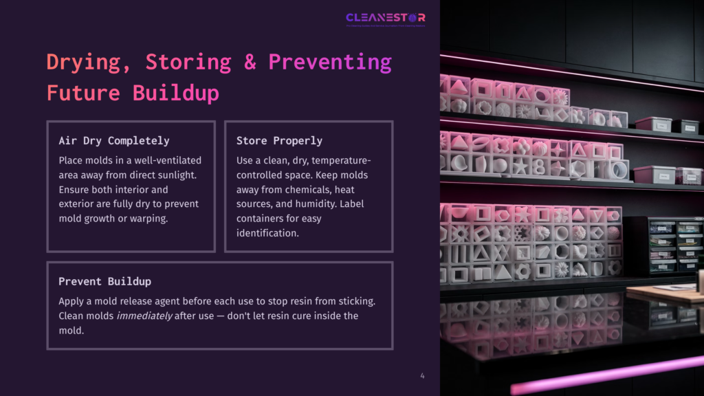 Cleanestor Logo At The Top Of A Dark Background With Text In White And Purple. The Text Reads &Quot;Drying, Storing &Amp; Preventing Future Buildup&Quot; And Details On How To Do So. The Right Side Of The Image Shows Shelves Filled With Various Geometric Shapes In White, And A Purple Light Illuminates The Bottom Of The Shelves.