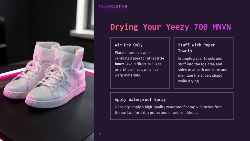Cleanestor Logo Above White Yeezy 700 Mnvn Sneakers Being Air-Dried On A Dark Surface, With Text Detailing Drying Instructions And Waterproof Spray Application.