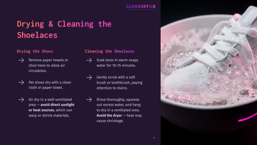Close-Up Of White Shoelaces Being Cleaned In A Bowl Of Soapy Water, With Instructions For Drying And Cleaning Shoelaces Visible On The Left.