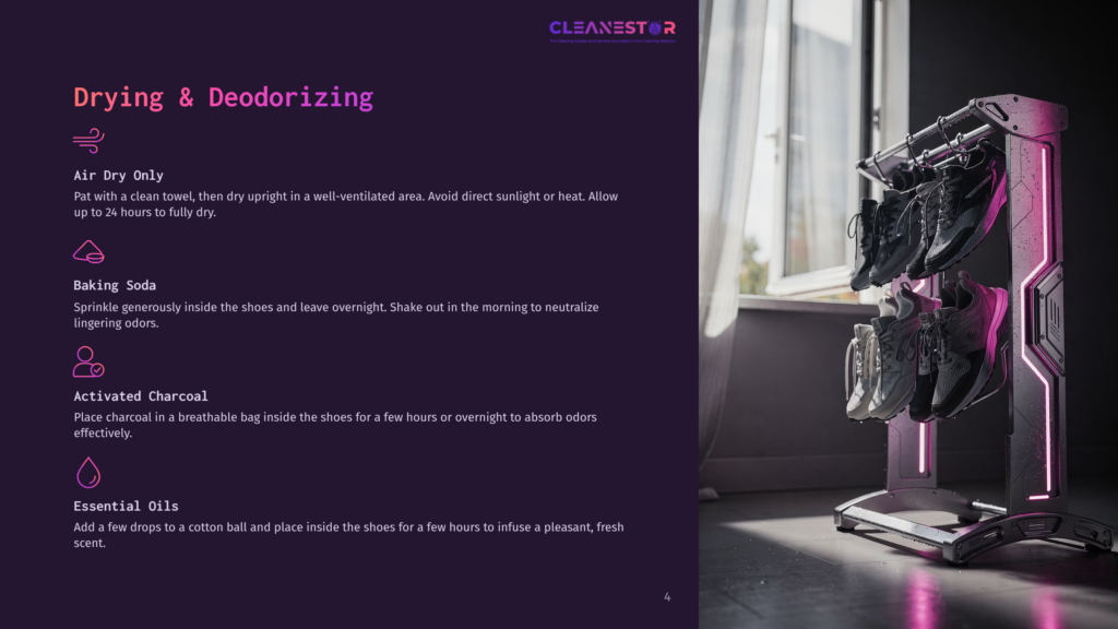 Cleanestor Logo On A Dark Background With Text About Drying And Deodorizing Shoes Using Air Dry, Baking Soda, Activated Charcoal, And Essential Oils.